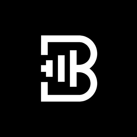 White letter B logo with bar chart design elements inside on black background